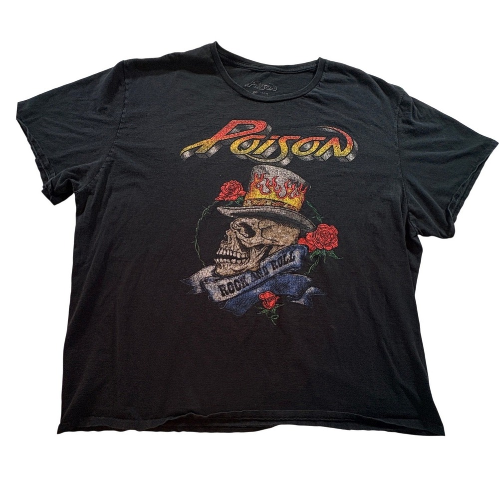 Poison Band Graphic T-Shirt Men 3XL Black Rock and Roll Skull Roses Short Sleeve